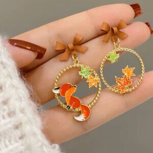 Autumn Fall Leaves & Fox Mis-match Bow Top Drop Gold Plated Dangle Earrings